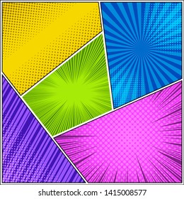 Comic book page colorful background with halftone radial slanted lines rays humor effects. Vector illustration