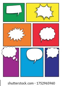 Comic book page. Colorful comic book background with blank white speech bubbles. Strip background with different colorful panels.