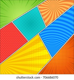 Comic book page colorful background with radial, dotted, halftone, rays, round effects in bright slanted style. Blank template. Vector illustration