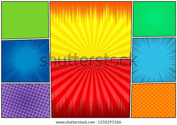 Comic\
book page colorful background with halftone rays dotted radial\
slanted lines humor effects. Vector\
illustration