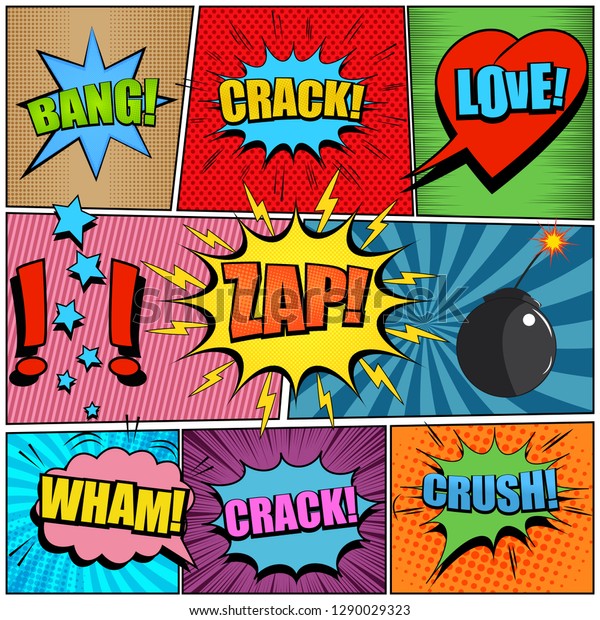 Comic book\
page colorful background with speech bubbles different wordings\
lightnings sound exclamation points bomb halftone striped rays and\
radial effects. Vector\
illustration