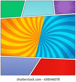 Comic book page colorful backgrounds set with rays, radial, halftone and dotted effects in pop art style. Vector illustration