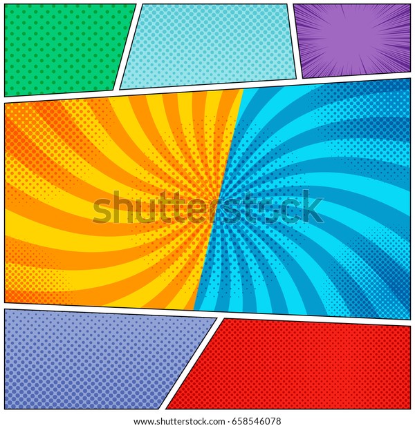 Comic book page colorful backgrounds set\
with rays, radial, halftone and dotted effects in pop art style.\
Vector illustration