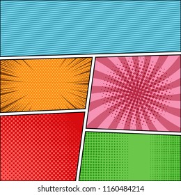 Comic book page colorful composition with slanted lines halftone radial rays humor effects. Vector illustration