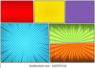 Comic book page colorful composition with rays halftone radial slanted lines humor effects. Vector illustration