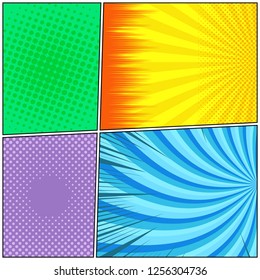 Comic book page colorful composition with halftone rays dotted radial humor effects. Vector illustration