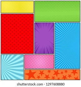 Comic book page colorful composition with rays halftone radial stars dotted humor effects. Vector illustration