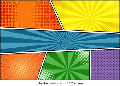 Composición colorida de la página del libro de historietas con efectos radiales, de puntos y semitonos en diferentes colores brillantes. Estilo pop artístico. Ilustración del vector