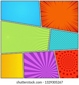 Concepto colorido de la página del libro de historietas con efectos de humor de medio tono radial de espiral punteado. Ilustración del vector
