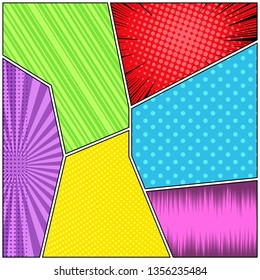 Comic book page colorful concept with slanted lines halftone radial rays humor effects. Vector illustration
