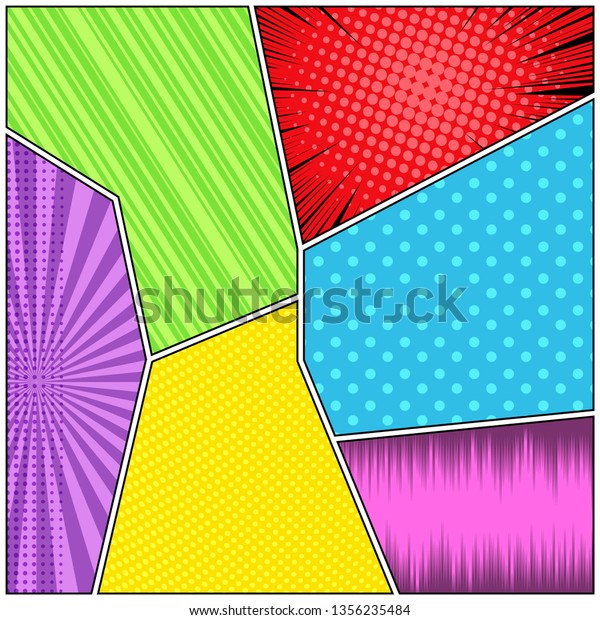 Comic book page\
colorful concept with slanted lines halftone radial rays humor\
effects. Vector\
illustration