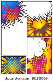 Página de historietas con elementos coloridos y espacio en blanco. Ilustración de fondo coloreada con diseño de dibujos animados. Fondo de historietas vectoriales.