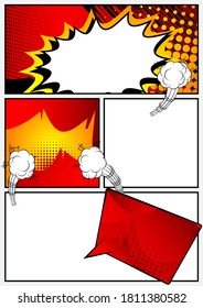 Comic book page with colorful elements and blank space. Cartoon design colored background illustration. Vector comics backdrop.