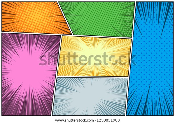 Comic book page\
colorful explosion composition with rays halftone and dotted humor\
effects. Vector\
illustration