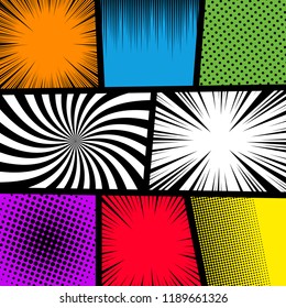 Comic book page colorful template with different humor effects and black divided lines. Vector illustration