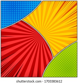 Comic book page colorful template with radial beams and halftone effects. Vector illustration
