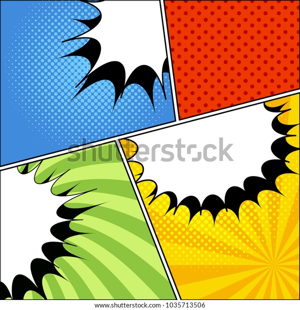 Comic book page composition with blank white\
speech bubbles halftone dotted and radial effects in yellow red\
blue green colors. Vector\
illustration