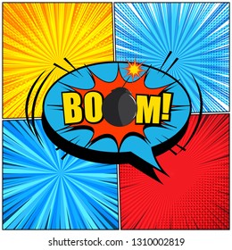 Comic book page composition with Boom wording bomb colorful speech bubbles sound radial halftone and rays effects. Vector illustration