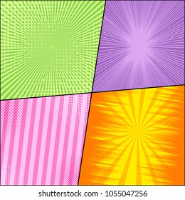 Comic book page composition with colorful scenes radial rays slanted lines halftone humor effects. Vector illustration