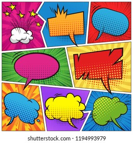 Comic book page composition with colorful blank speech bubbles and various humor effects vector illustration