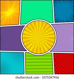 Comic book page composition with different humor effects in bright colors. Blank template. Vector illustration