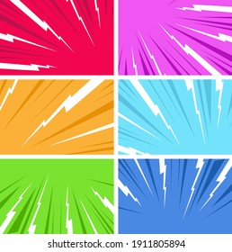 Comic book page composition of different colorful backgrounds. Art explosion for action comic book and manga. Confrontation image illustration of thunder bolt. Flat illustration Comic Style Vector.