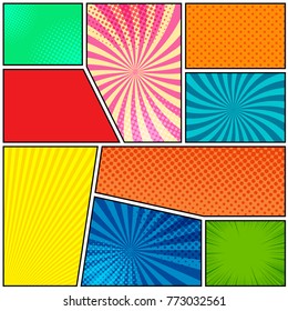 Comic book page composition of different colorful backgrounds for your design. Pop art style. Vector illustration