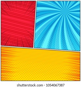 Comic book page composition with halftone dotted rays slanted lines radial bright effects in red blue orange colors. Blank template. Vector illustration