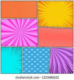 Comic book page composition with halftone rays dotted radial humor effects in different bright colors. Vector illustration