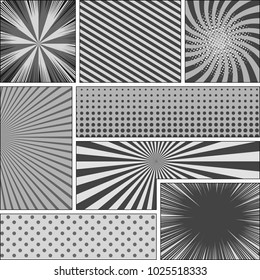 Comic book page composition with radial dotted rays slanted lines halftone humor effects in gray colors. Pop-art style. Vector illustration