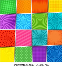 Comic book page composition with sixteen different colorful backgrounds, radial, dotted, halftone, circles, slanted lines, music waves effects in pop-art style. Blank template. Vector illustration