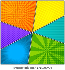 Komische Buchseitenzusammensetzung mit Radialrochen der Streifen halftone und gefleckten Effekten. Vektorillustration
