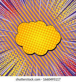 Comic book page concept with blank yellow speech bubble stripes rays and halftone humor effects. Vector illustration
