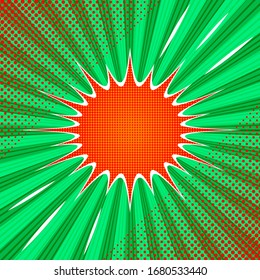 Comic book page concept with blank red speech bubble white noise and red halftone effects on green radial background. Vector illustration