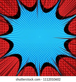 Comic book page concept with blue speech bubble, halftone, radial, rays effects on red background. Vector illustration