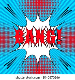 Comic book page concept with bright red original Bang inscription white speech bubble sound halftone and radial humor effects on blue background. Vector illustration