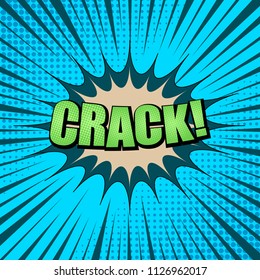 Comic book page concept with green Crack inscription colorful speech bubble dotted and rays effects on blue background. Vector illustration