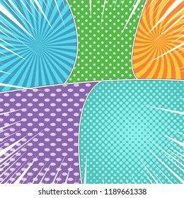 Comic book page concept with radial rays halftone humor effects and bent lines. Vector illustration