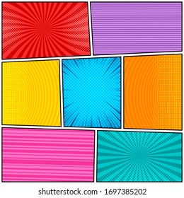 Comic book page concept with radial rays circles halftone stripes effects. Vector illustration