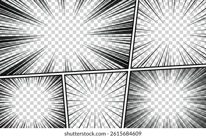 Comic book page concept with radial rays circle halftone lines effect on transparent background. Vector illustration