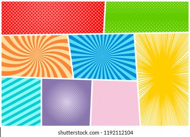 Comic book page concept with stripes radial rays halftone humor effects in bright colors. Vector illustration