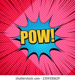 Comic book page concept with yellow Pow wording blue speech bubble red rays and halftone effects. Vector illustration