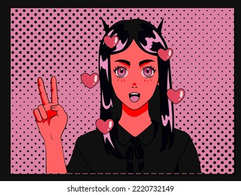 Comic book page with demon anime girl. Illustration for modern poster, cover or t-shirt print.