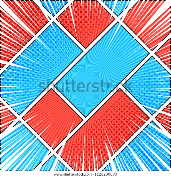 Comic\
book page diagonal background with radial rays halftone humor\
effects in red and blue colors. Vector\
illustration