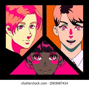 Comic book page with different anime personages. Poster or t-shirt print design.