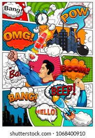 Comic book page divided by lines with speech bubbles, rocket, superhero and sounds effect. Retro background mock-up. Comics template. Vector illustration