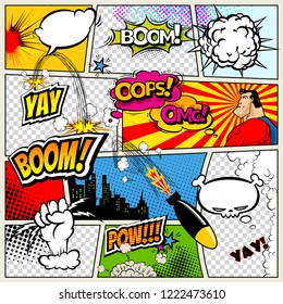 Comic book page divided by lines with speech bubbles, rocket, superhero and sounds effect. Retro background mock-up. Comics template. Vector illustration.