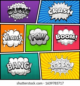Comic book page divided by lines with black and white speech bubbles, sounds effect. Retro background Mock-up. Comics template. Vector illustration