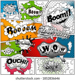 Comic book page divided by lines with black and white speech bubbles, sounds effect. Retro background Mock-up. Comics template. Vector illustration