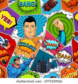 Comic book page divided by lines seamless pattern with speech bubbles, rocket, superhero and sounds effect. Vector illustration
